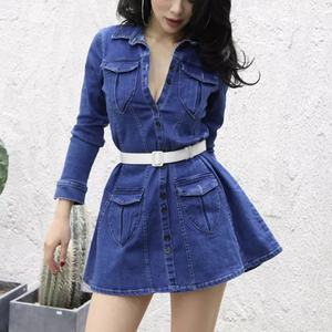 เดรสยีนส์ทรงเอเข้ารูปสำหรับผู้หญิง สไตล์เซ็กซี่  แบบกระดุมหน้า  สำหรับฤดูใบไม้ร่วง - Product Image 3