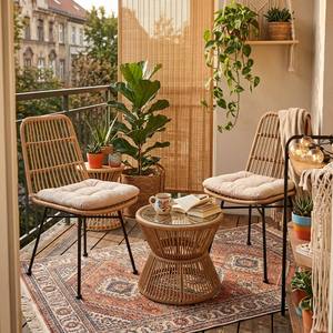 Ensemble de 3 chaises de bistrot en rotin synthétique résistant aux intempéries, avec structure en métal noir et plateau en verre, style bohème, en promotion, pour balcon - Product Image 2