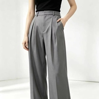 Pantalon gris taille haute à double pli, coupe large, fluide, longueur complète, droit, pour femme, style décontracté ou professionnel