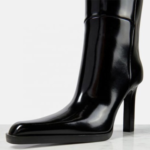 Bottines longues à effet miroir pour femmes, bottes hautes noires brillantes, chaussures à bout pointu, petits talons épais, design unique - Product Image 4
