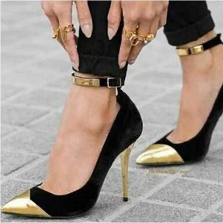 Gold Metal toe Stiletto Women Dress Shoes Size 47 Ankle Strap Pumps for Ladies High Thin Heels Patchwork Shoes