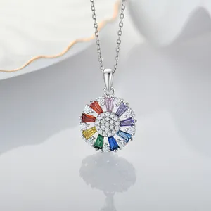 Customized Fashion 925 Sterling Silver Circle Rainbow Baguette Crystal Quartz Pendant Necklace Women