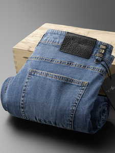 Nouveau jean léger en coton élastique pour homme, coupe droite, bleu foncé, polyvalent, délavé, décontracté et doux – Collection Printemps-Été - Product Image 3