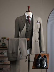 Costume <span class=keywords><strong>de</strong></span> Mariage Trois Pièces Croisé Haut <span class=keywords><strong>de</strong></span> Gamme à Revers en Pointe, Motif Carreaux, Style Britannique pour <span class=keywords><strong>Homme</strong></span> - Product Image 2
