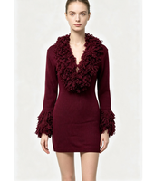 Robe Mini Tricotée Y2K Vintage Bordeaux Unie pour Femme, Col V, Col Moelleux, Manches Cloche, Extensible, Moulante, avec Franges Shaggy – Vente en Gros Personnalisée