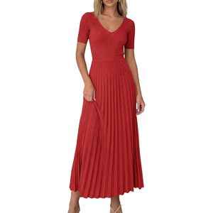 Robe pull mi-longue pour femme FOXA, col en V, manches courtes, coupe trapèze, plissée, tricot côtelé, tenue printemps-été, style élégant - Product Image 1