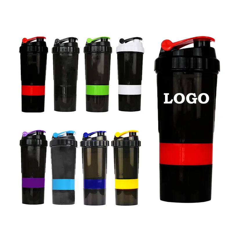 Botol Pengocok Protein GYM 500Ml Logo Kustom Bebas BPA dengan Mixer Logam 500Ml Pengocok Botol Air Olahraga 3in1 Pengocok Protein
