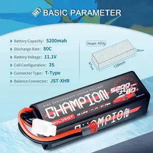 Lipo — batterie 3S Lipo 5200 mAh 80C 11.1 V, boitier rigide de qualité supérieure avec connecteur pour voiture RC