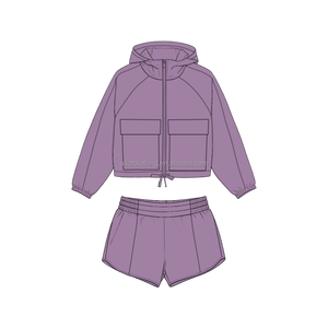Ensemble 2 pièces pour enfants : veste courte à capuche en polyester et short, poches zippées sur le devant, poignets et taille élastiques, OEM, faible MOQ - Product Image 4