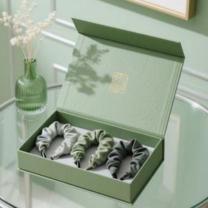 Customized Eco Friendly Recycled Materials Pink Magnetic Rigid Cardboard <b>Boxes</b> Embossing Sponge Lining Fashion Scrunchies Hair - Product Image 3