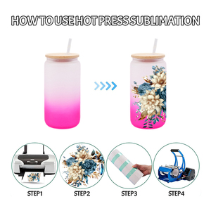 अमेरिका के गोदाम 25 पैक 16 औंस ग्रेडिएंट सबलिमिनेशन फ्रॉस्टेड ओम्ब्रे कप रंग ग्लास बांस के ढक्कन और प्लास्टिक के पुआल के साथ कर सकते हैं। - Product Image 5