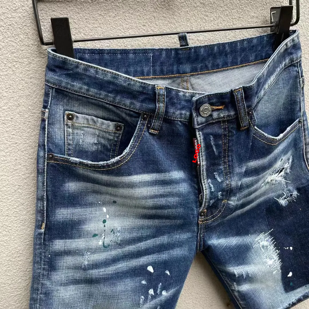 2023 Summer New D2 Jeans Fashion Men's Jeans Fashion Hole Patch Elastic Paint Splice Pants Shorts