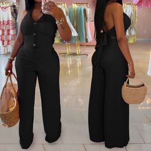 Women's Casual Halter-Neck <b>Tie</b>-<b>Back</b> Top and Pants 2-Piece Set Fashion - Product Image 2