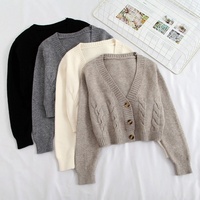 Kardigan Rajut Kabel Wanita Warna Beige, Kerah V, Lengan Panjang, Kancing Depan, Tekstur Kepang, Manset Bergaris, Model Crop, Pakaian Santai untuk Layering