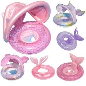 ห่วงยางว่ายน้ำรูปนางเงือกแบบเป่าลมพร้อมหลังคา ดีไซน์หางปลา สำหรับเด็ก เล่นน้ำ อุปกรณ์ลอยน้ำ - Product Image 1