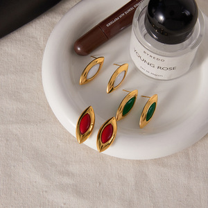 Stud Earrings 18k Gold Plated Stainless Steel Marquise Green Agate Bezel Setting For Women Gift Jewelry - Product Image 3