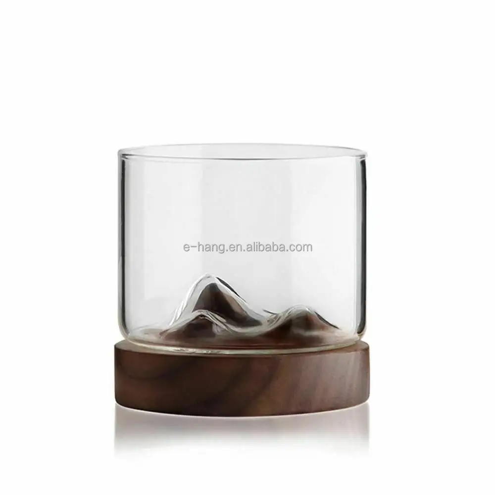 customized Japanese Mountain Whiskey Glass Wooden Base Rocks Beer Glasses Set Bar Drinkware whiskey glass with wooden coaster