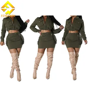 2024 New Arrivals Crop Jacket+Mini Skirt Set Spring Women's Clothing Fashion High Waist Cargo Skirt Set