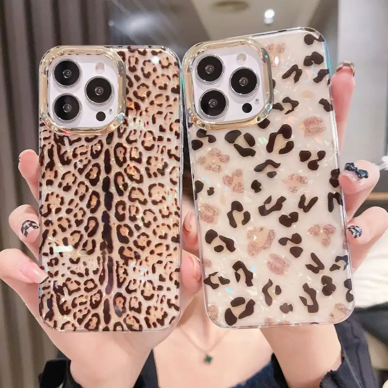 2023 Luxury Soft IMD New Bling Crystal Leopard Print Phone Case For Iphone 11 12 13 Pro Max Girl Electroplating Marble Case