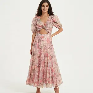 2024 yeni varış kadın nefes saten A-Line rahat elbise v yaka dijital geometrik tasarım kontrast renk Hollow elbise