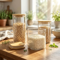 Stoples Kaca Persegi Berbagai Ukuran Dengan Tutup Bambu dan Sendok Kayu, Wadah Kedap Udara untuk Dapur, Bahan Makanan, Pasta, Rempah-rempah