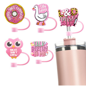 Couvre-paille en silicone rose en forme de hibou avec impression de motifs irréguliers scintillants - Product Image 1