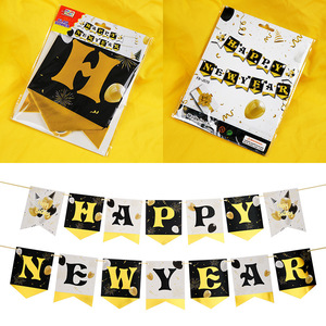 Pancarta de Feliz Año Nuevo con Purpurina Negra, Pancarta de Feliz Año Nuevo para Suministros de Fiesta de Nochevieja - Product Image 5