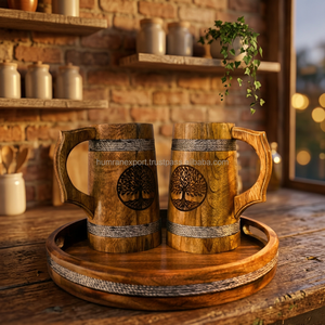 Mugs à bière en bois faits à la main, personnalisés et écologiques, style viking, design arbre sculpté, style rustique, mug en bois naturel pour la maison - Product Image 3