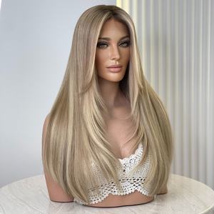 Perruque longue en dentelle complète avec mèches blond platine, coupe en couches volumineuses, cheveux vierges russes, double trame, <span class=keywords><strong>frange</strong></span> en cheveux de bébé transparente - Product Image 1