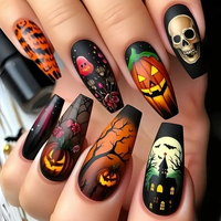 24 Stück Halloween Aufklebenägel Orange Lila Schwarz Geister Kürbis Fledermaus Design Acryl Künstliche Nägel Wiederverwendbare Nägel für Frauen Party