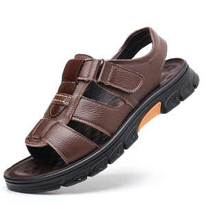 รองเท้าแตะหนังนุ่มสำหรับผู้ชายแบบสวมปิดด้วยเวลโคร พื้นหนา กันลื่น รองเท้าชายหาด สีดำและสีน้ำตาล ไซส์พลัส - Product Image 4