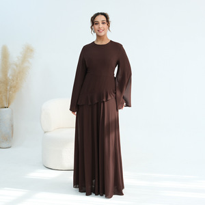 Abito Lungo Elegante da Donna con Maniche a Campana e Volant, in Chiffon Traspirante a Doppio Strato con Perle e Fodera, Ideale per Autunno e Primavera - Product Image 3