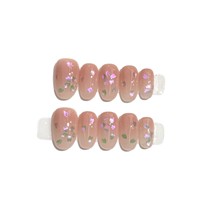 Fairy Girl Faux ongles à presser en acrylique faits main, courts et ovales, transparents, base nude rose, fleur de cerisier, paillettes irisées, feuille verte