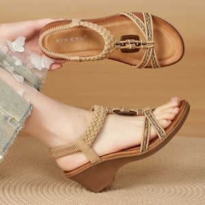 Sandalias de cuña para mujer, cómodas, con banda elástica, zapatos informales de verano, color albaricoque, tacón de 5,5 cm, F2719-2 - Product Image 4