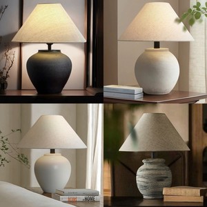 Handcrafted Rustic with Fabric Shade Vintage Textured Pottery Desk Lamp for Living Room Bedroom Hotel Decor <strong>Table</strong> Lamp - Product Image 2