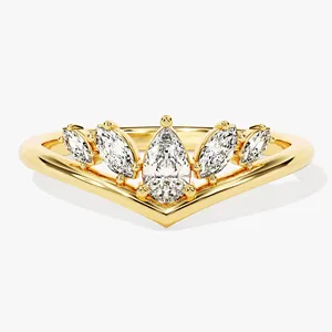 Cincin Wishbone pir emas padat 14K, cincin Lab berlian tumbuh pernikahan Marquise Cluster 0.5 CT cincin berlian simulasi