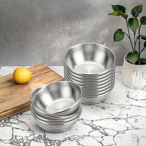 Platos y tazones pequeños apilables de acero inoxidable pulido de 3.2 pulgadas y 4 oz con diseño de plantas para fiestas y salsas. - Product Image 3