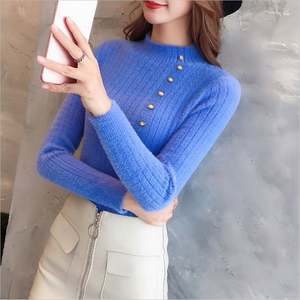 Suéteres Delgados con Botones de Terciopelo Sintético K102 para Mujer, Suéter Cálido de Punto, Jersey Femenino de Cuello Alto para Primavera, Color Sólido - Product Image 4