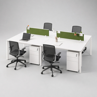 Système de bureau modulaire commercial à plan ouvert, avec pieds en métal blanc pur en forme de O, cloison en tissu et meuble de rangement.
