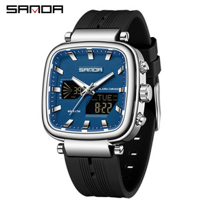 SANDA 6282 นาฬิกาข้อมือผู้ชายจอแสดงผลคู่ทรงสี่เหลี่ยมอินเทรนด์ลำลองซิลิโคนปฏิทินกันน้ำนาฬิกาข้อมืออิเล็กทรอนิกส์มัลติฟังก์ชั่น - Product Image 1