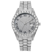 Ensemble de bijoux 5 pièces tendance : Montre romaine entièrement sertie de diamants, Collier croix, Bracelet chaîne cubaine, Bague - Vente en gros
