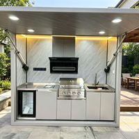 Cabine de cuisine mobile modulaire d'extérieur, kiosque BBQ intelligent, centre de cuisson 6-en-1 avec auvent hydraulique rabattable