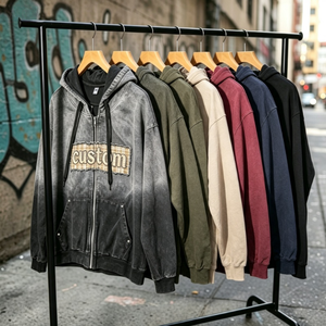 Sudadera con capucha y cremallera de algodón French Terry extragrande personalizada para hombre, color personalizado, lavado desgastado, estilo casual urbano - Product Image 1