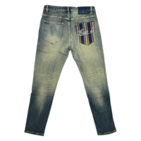 Jeans en denim vintage délavé pour homme, coupe slim droite avec poche arrière personnalisée en jacquard et patchwork, style streetwear