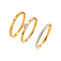 Ensemble de bagues en acier inoxydable doré rose avec zircon, pierre centrale ronde, empilables, trois pièces, en stock, bijoux pour femmes