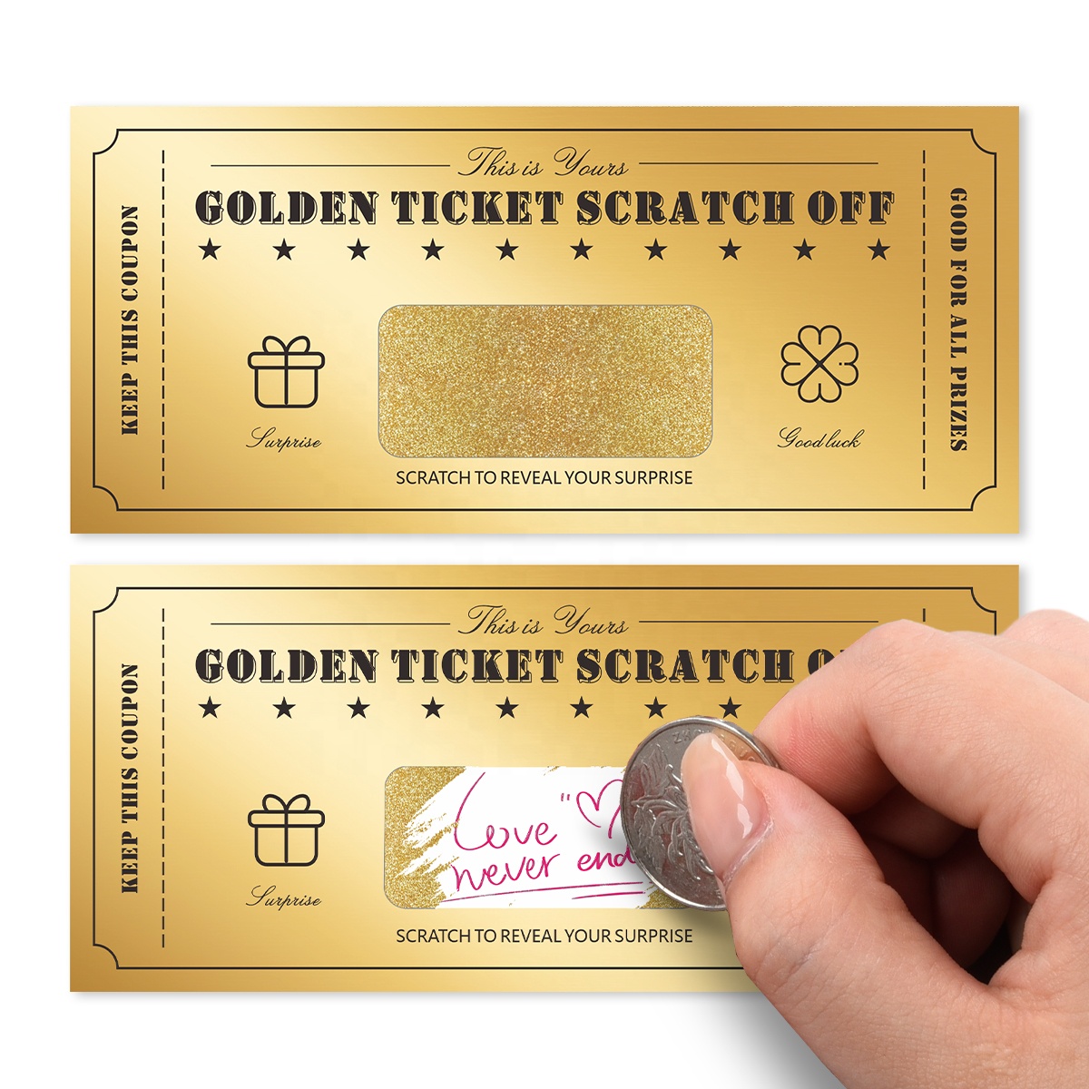 Printing Golden Scratch Ticket Lucky Scratch-Off Coating Custom Paper Material Size Full Color Free Design