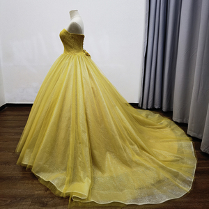 Impresionante Vestido de Noche con Hombros Descubiertos, Vestido de Fiesta de Tul Amarillo con Lentejuelas Mz0062 - Product Image 3