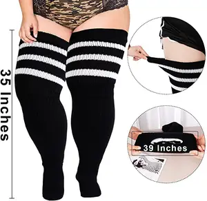 플러스 사이즈 여성 허벅지 높은 양말 여분의 긴 스트라이프 두꺼운 무릎 스타킹 다리 따뜻한 부팅 양말