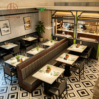 Table carrée en pierre, chaise en cuir, banquette longue grise, mobilier de restaurant moderne pour salon de thé, usage commercial