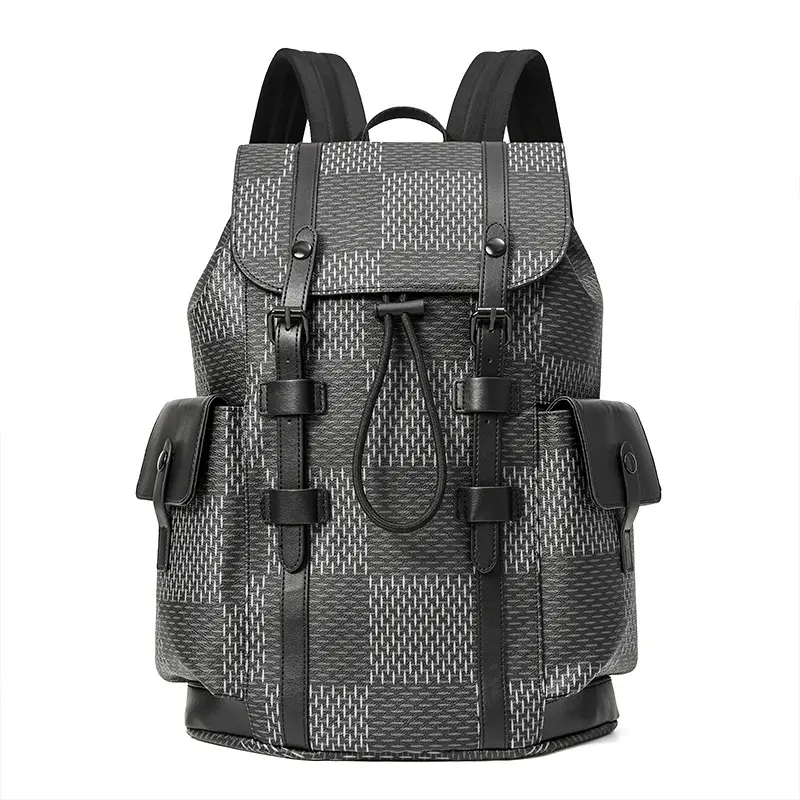 New England Style Men's Leather Backpack Checkered Pattern Water Resistant Polyester College Students Stylish Computer Backpack